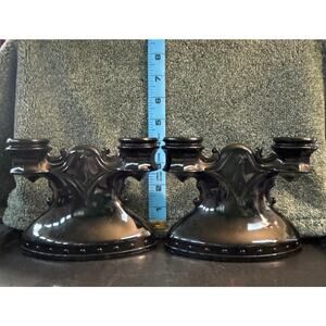 Pair of Vintage L.E. Smith Art Deco Gothic Revival Glass Candelabras